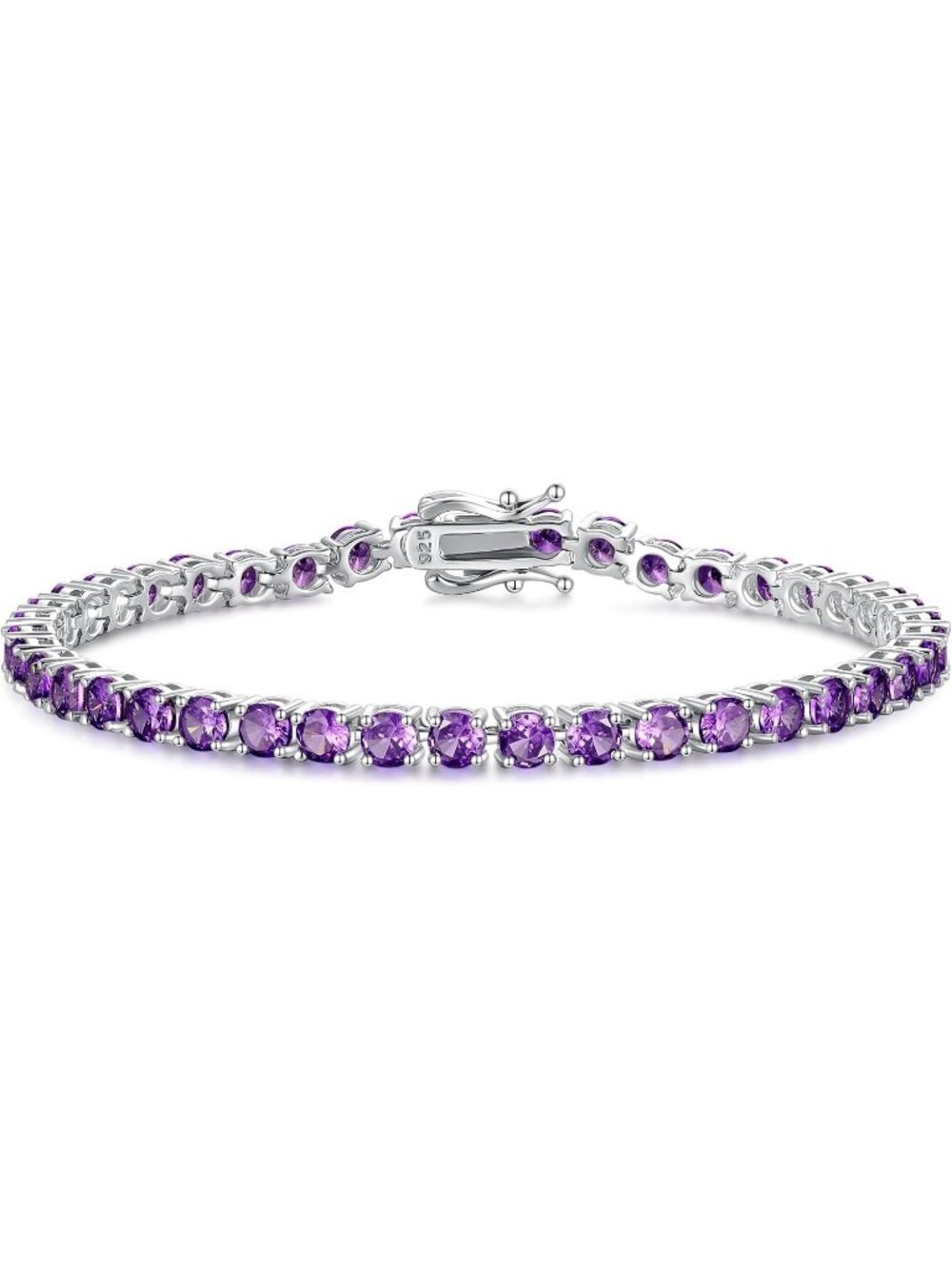 Women's 7.2 Inch 4mm Amethyst Sterling Silver Birthstone Gemstone Bracelet